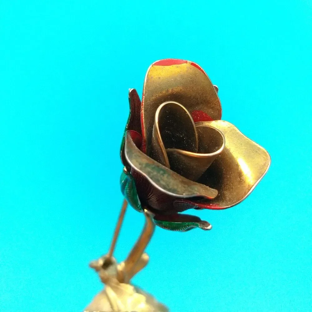 Vintage Rose Brooch Pin Red & Green Enamel Gold Tone Flower Jewelry